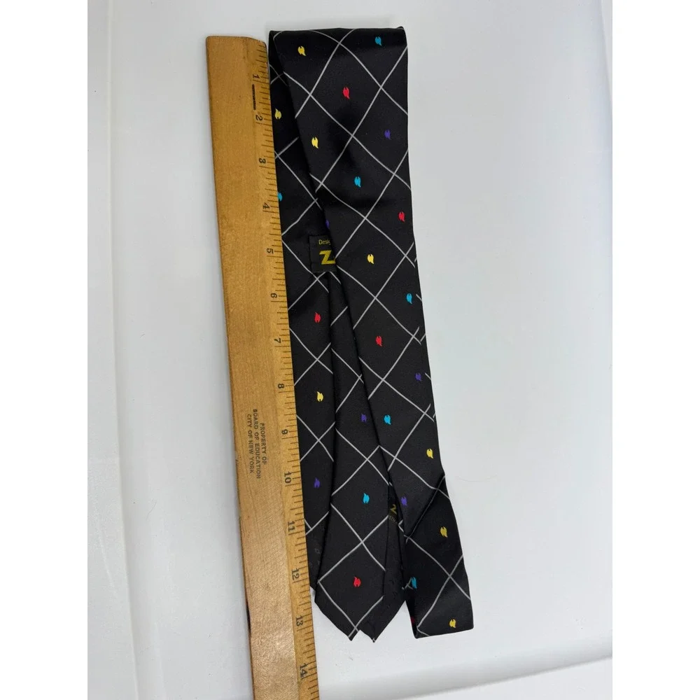 Vtg Zippo 65th Anniversary Silk Necktie Black Diamond Pattern Flame Accents Mens